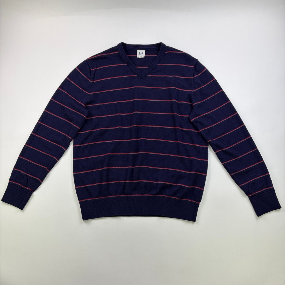 Gap Merino Extra Fine Wool V-Neck Sweater Mens Large Navy Blue Striped Preppy